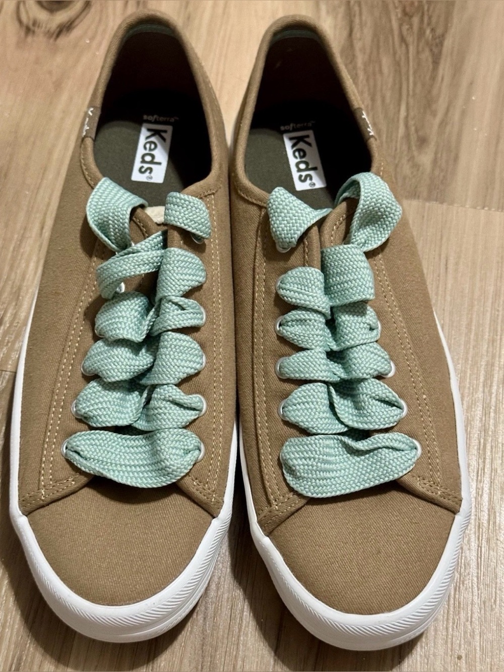 Keds Women's Tan Canvas Sneakers with Mint Ribbon Laces